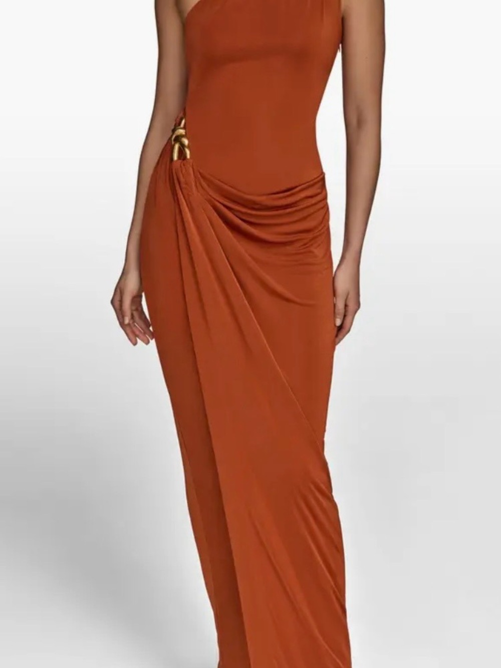 Donna Karan One-Shoulder Draped Gown in Rust and Gold